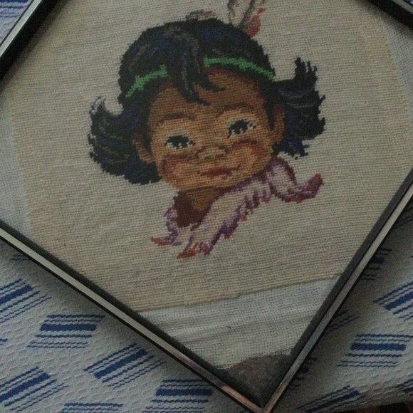 Vintage Native American boy cross-stitch embroidery square frame ba - Picture 6 of 7